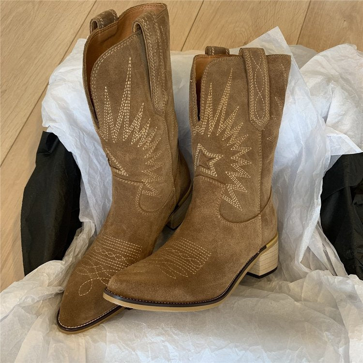 Women's suede western boots with pointed toe and mid-high block heel Mune Fashion