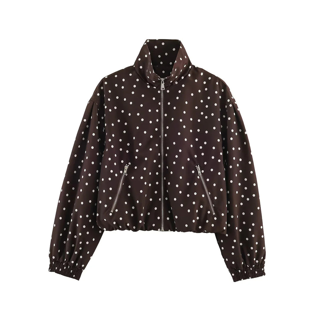 Women's dotted, waist-length bomber jacket with stand-up collar, zippered pockets, and elastic hem Mune Fashion