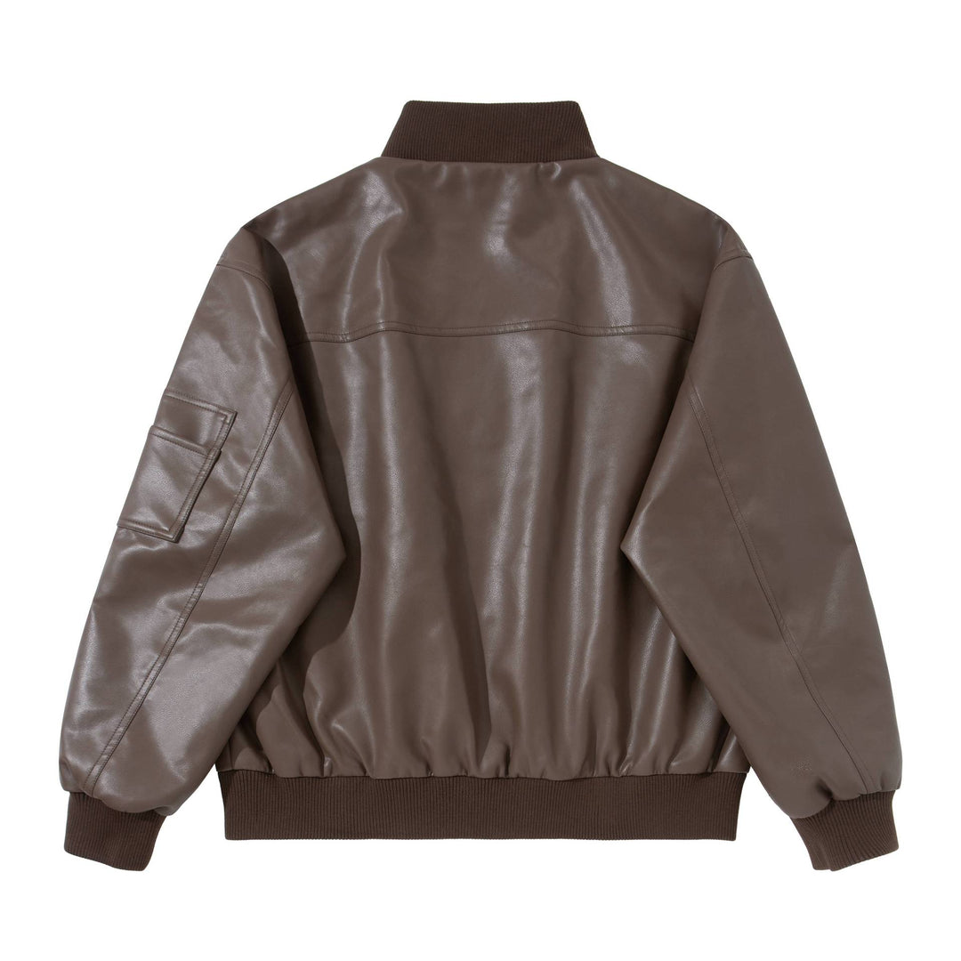 Men's faux leather bomber jacket in boxy cut with high ribbed collar and sleeve utility pocket Mune Fashion