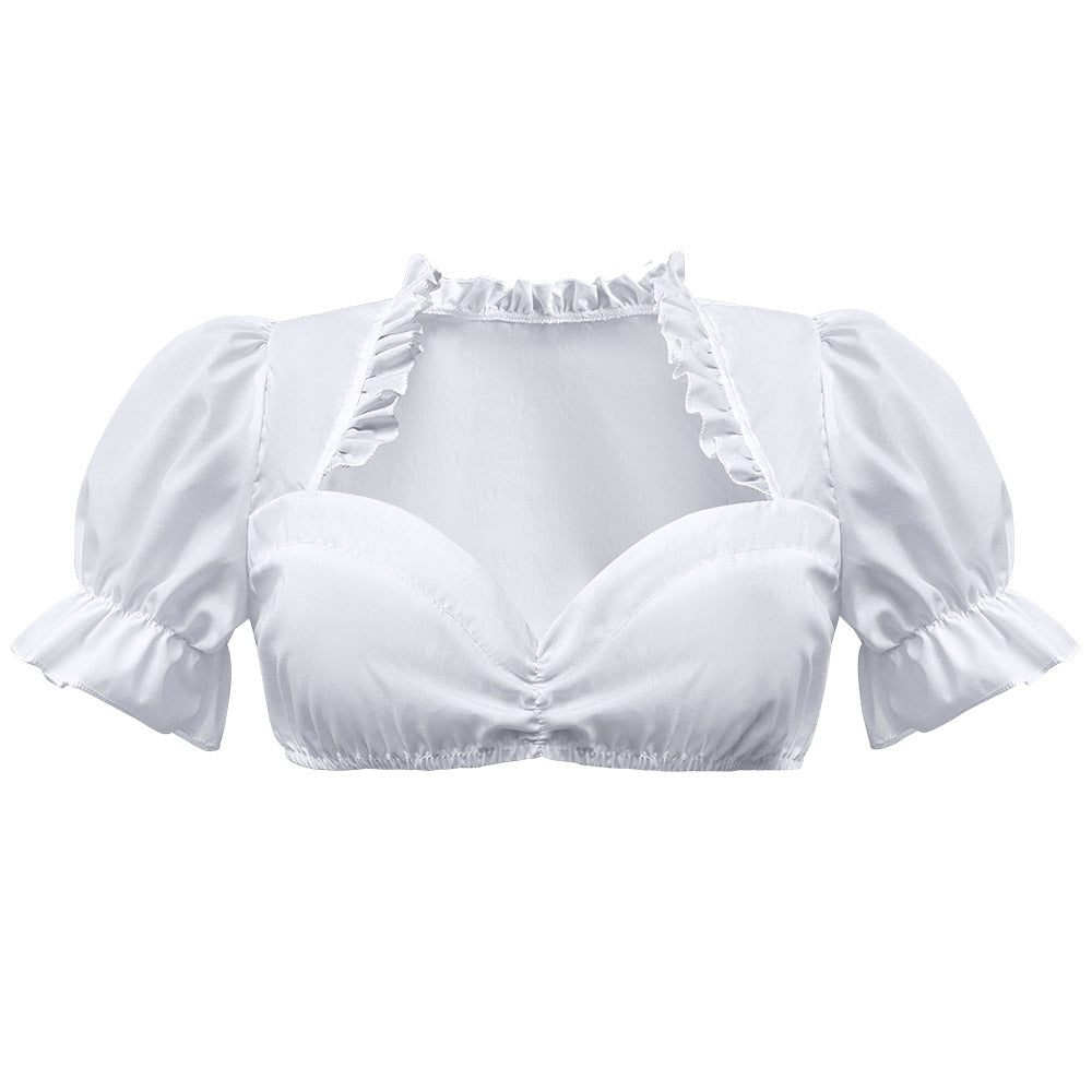 Ladies traditional Dirndl blouse short with puff sleeves heart neckline and ruffle detail Mune Fashion