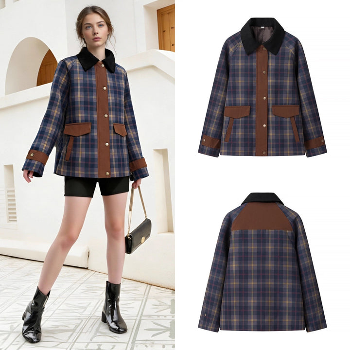 Women's Checked Transition Jacket with Cord Collar and Contrast Trimmings Mune Fashion