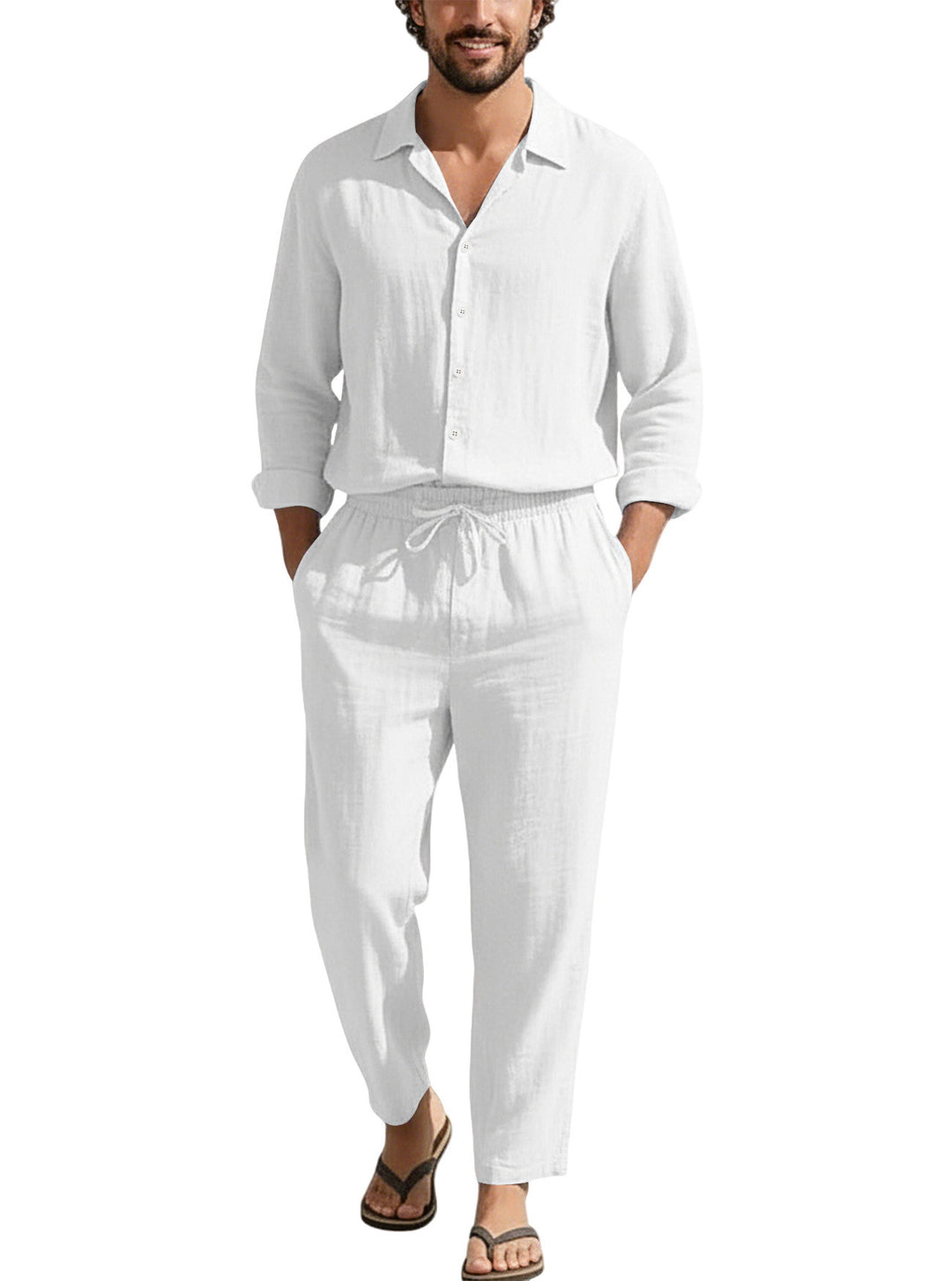 Men's relaxed linen set with open shirt collar and loose drawstring pants Mune Fashion