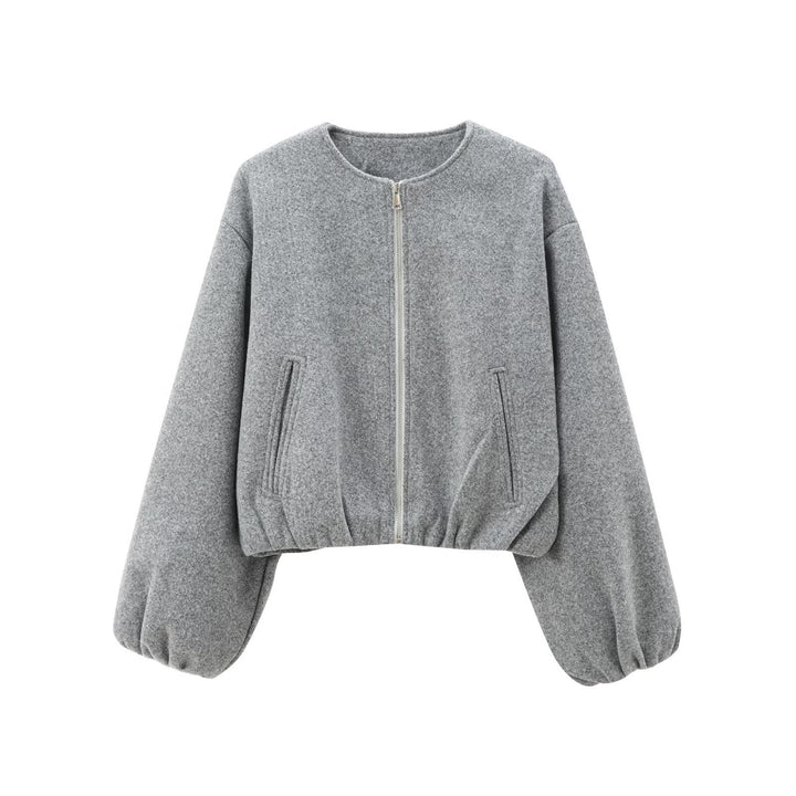 Women's short wool blend bomber jacket with round neckline, concealed zipper, elastic hem, and dropped shoulders Mune Fashion