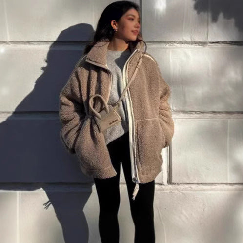 Women Wide Cut Teddy Fleece Jacket with High Standing Collar Mune Fashion
