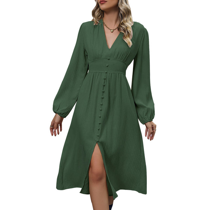 Women's Midi Dress with Button Details and V-Neck Mune Fashion