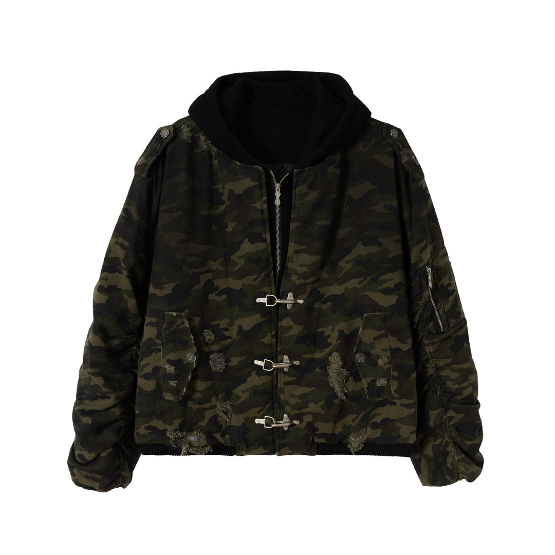 Men's Camouflage Utility Bomber Jacket with Hood, Distressed Details and Hook Closure Mune Fashion
