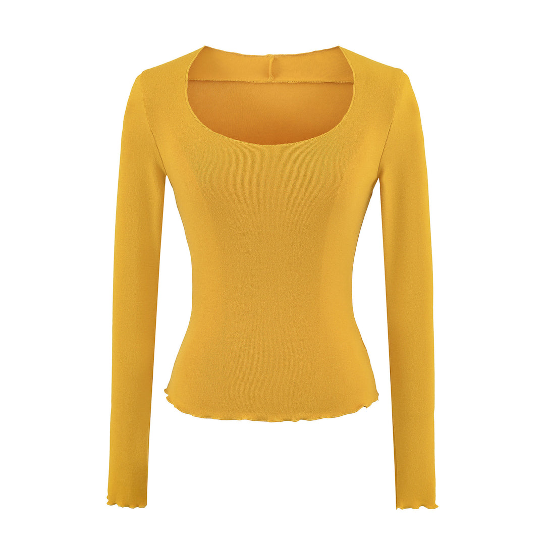 Women Fitted Long Sleeve Fine Knit Top with Square Neckline and Wave Hem Mune Fashion