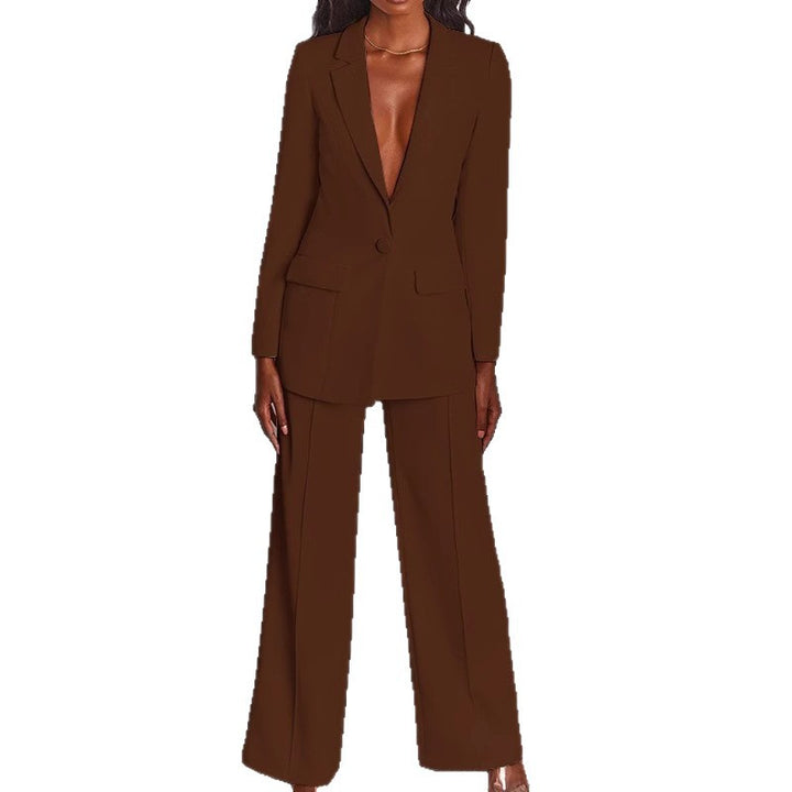 Women's tailored pantsuit with deep lapel, single-button closure, and palazzo pants Mune Fashion