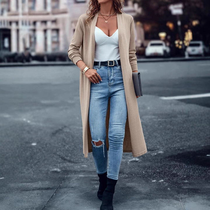 Women's long fine-knit cardigan in duster style with open fall and narrow sleeve section Mune Fashion