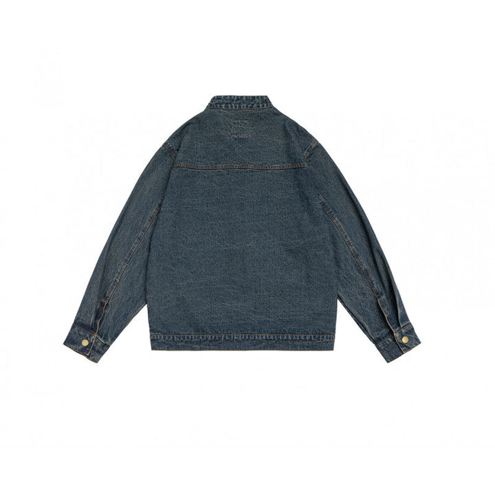 Unisex boxy denim jacket with stand-up collar, full-length zipper and shaped front pockets Mune Fashion