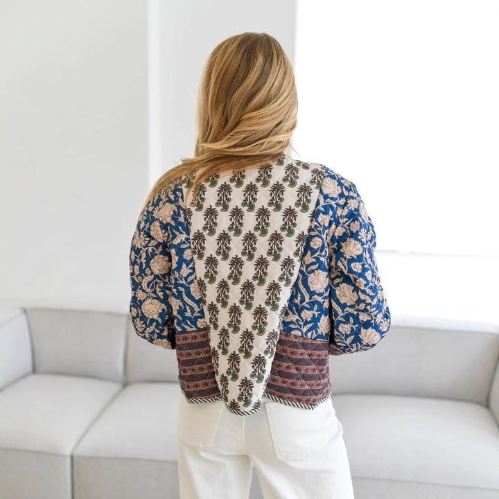 Women Quilted Short Jacket in Boho Patchwork Style with Open Front Mune Fashion