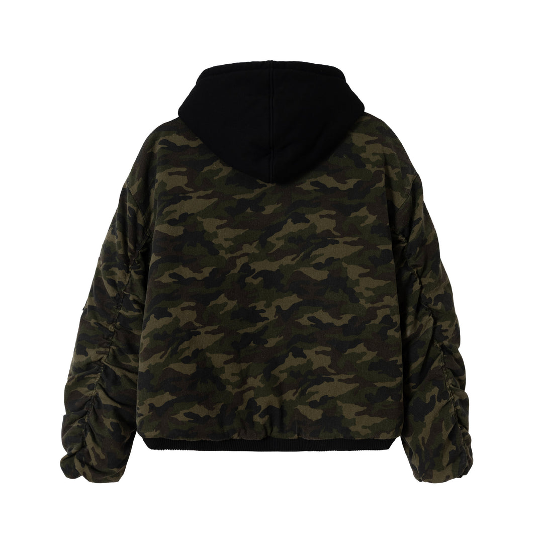 Men's Camouflage Utility Bomber Jacket with Hood, Distressed Details and Hook Closure Mune Fashion