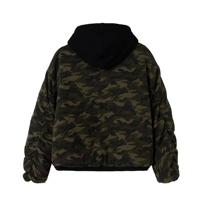 Men's Camouflage Utility Bomber Jacket with Hood, Distressed Details and Hook Closure Mune Fashion