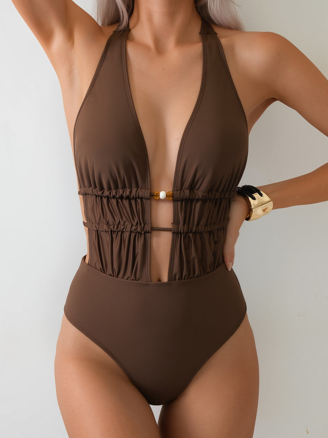 Ladies Elegant Monokini with Deep V-Neck and Refined Details Mune Fashion