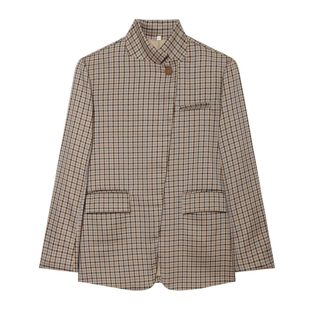Women Checked Long Blazer with Stand Collar, Concealed Button Placket and Flap Pockets Mune Fashion