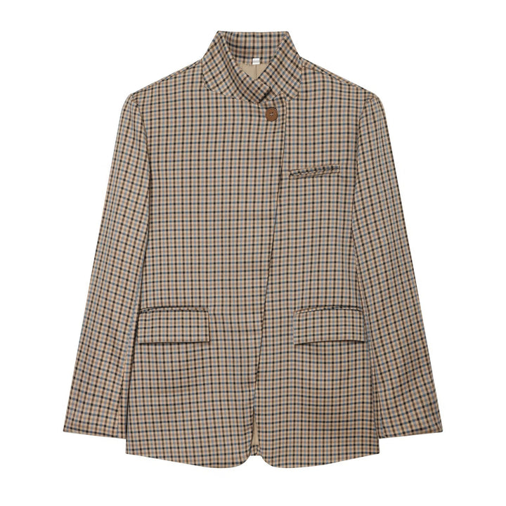 Women Checked Long Blazer with Stand Collar, Concealed Button Placket and Flap Pockets Mune Fashion