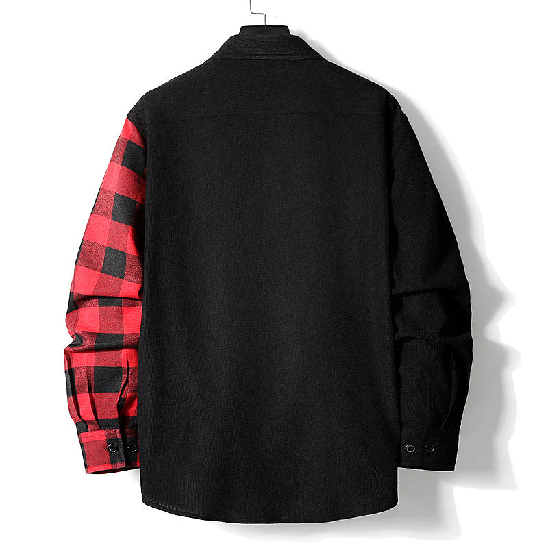 Men's Half-Split Overshirt in Lumberjack Check with Contrasting Solid Side, Chest Pocket, and Continuous Button Placket Mune Fashion