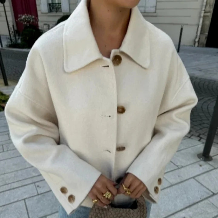 Women's short casual wool jacket with shirt collar, full button placket, and inset side pockets Mune Fashion