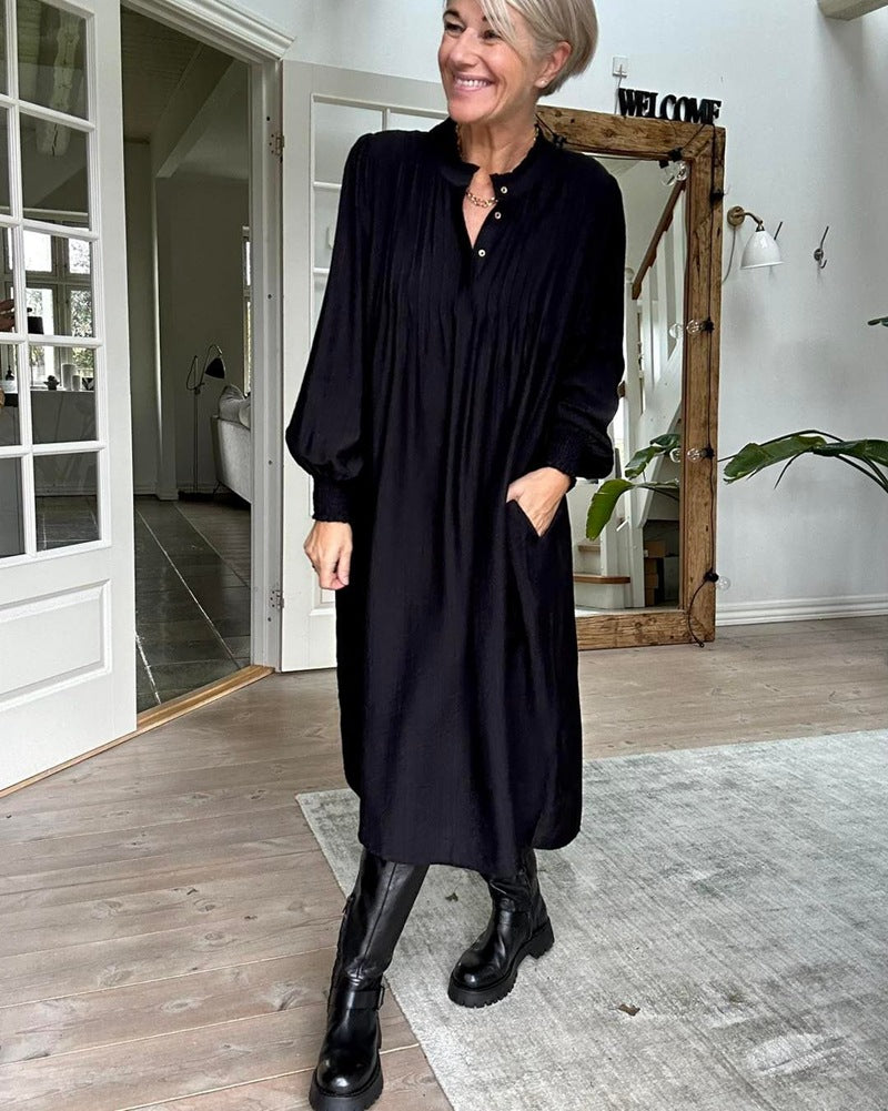 Ladies' loose midi dress with fine pleated look, stand-up collar, short button placket, smocked cuffs, and side pockets Mune Fashion