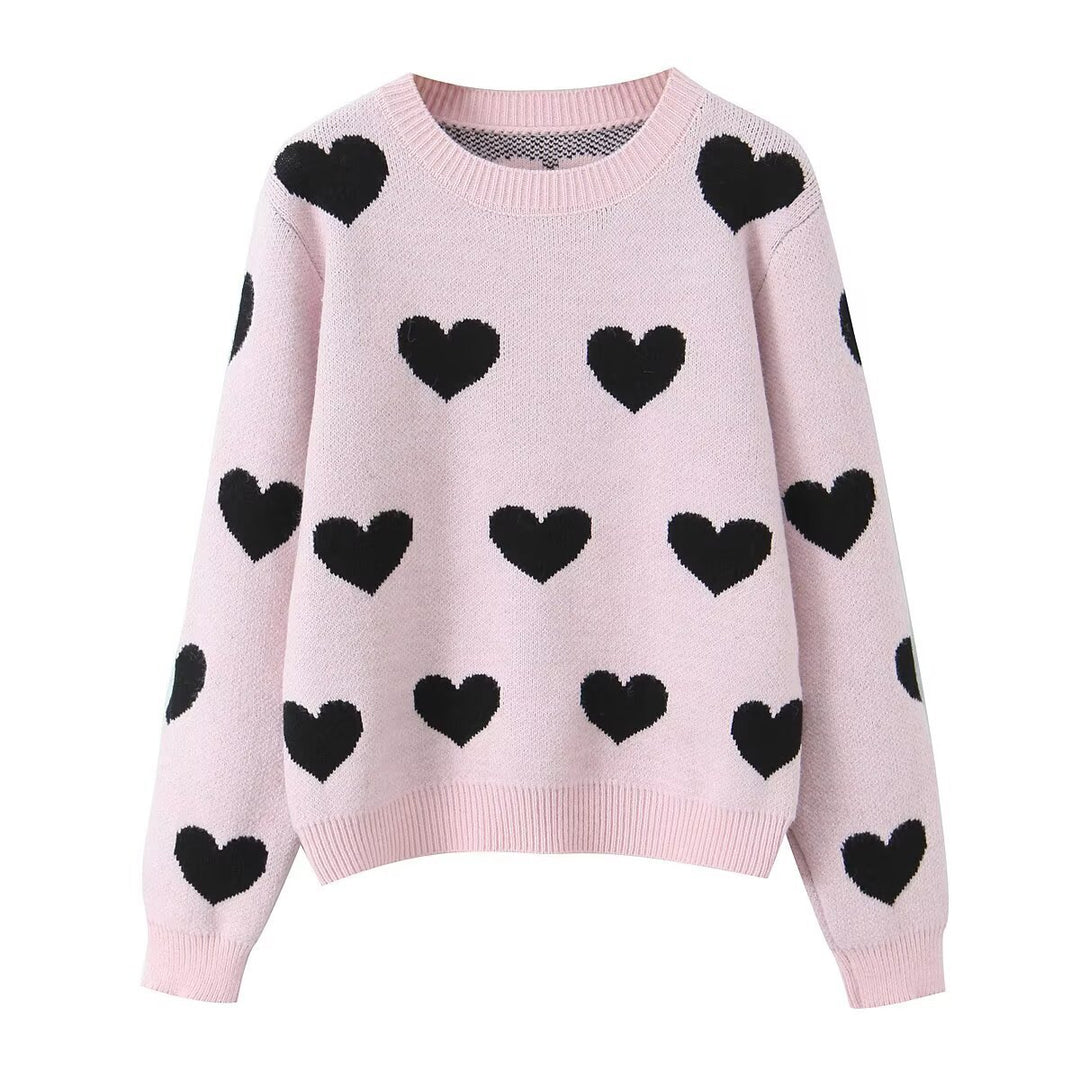 Women Patterned Oversized Knit Sweater with Heart Jacquard and Round Neckline Drune