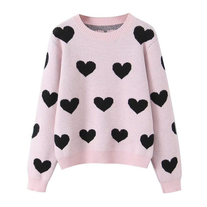Women Patterned Oversized Knit Sweater with Heart Jacquard and Round Neckline Drune