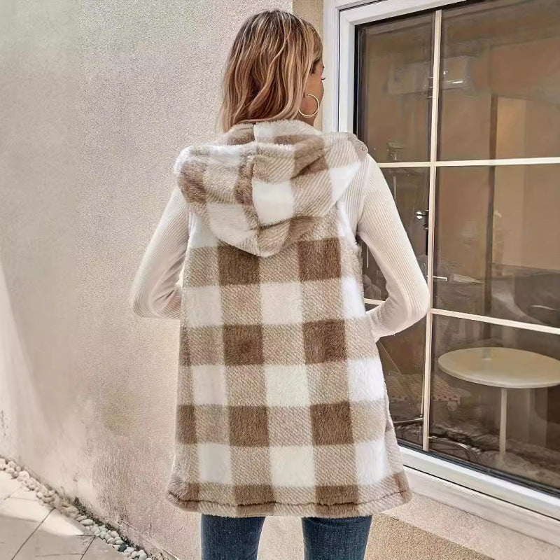 Women Sleeveless Teddy Vest with Hood and Check Pattern Mune Fashion