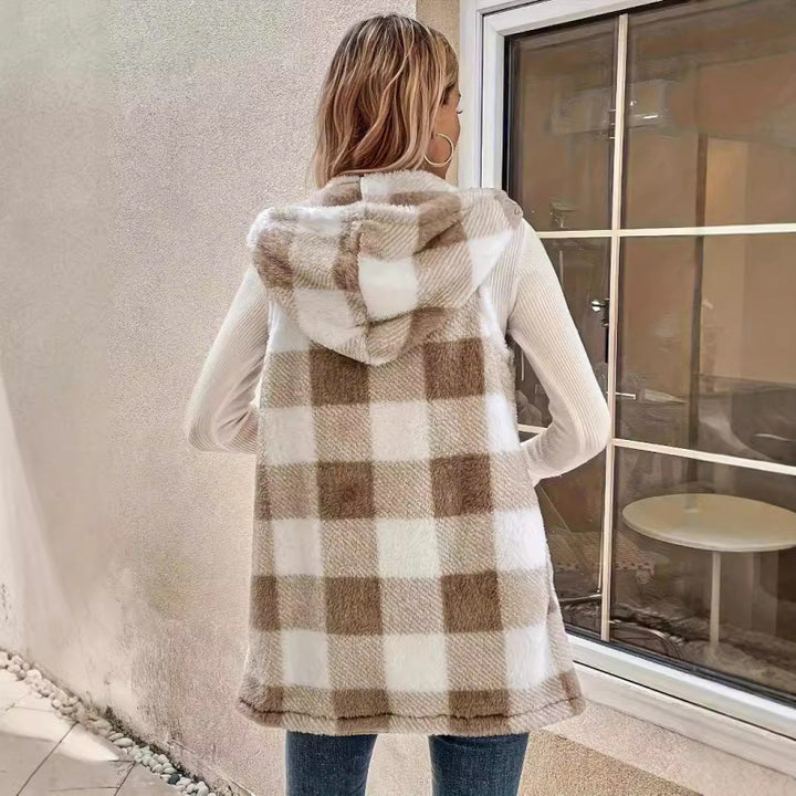 Women Sleeveless Teddy Vest with Hood and Check Pattern Mune Fashion