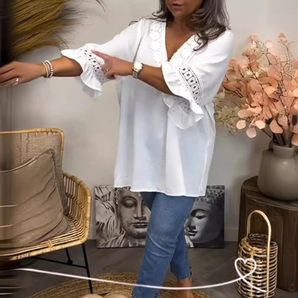 Ladies falling locker Crinkle tunic with crochet lace V-neck and frill sleeves Mune Fashion