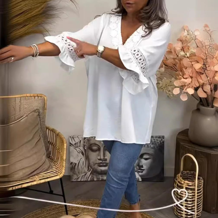 Ladies falling locker Crinkle tunic with crochet lace V-neck and frill sleeves Mune Fashion