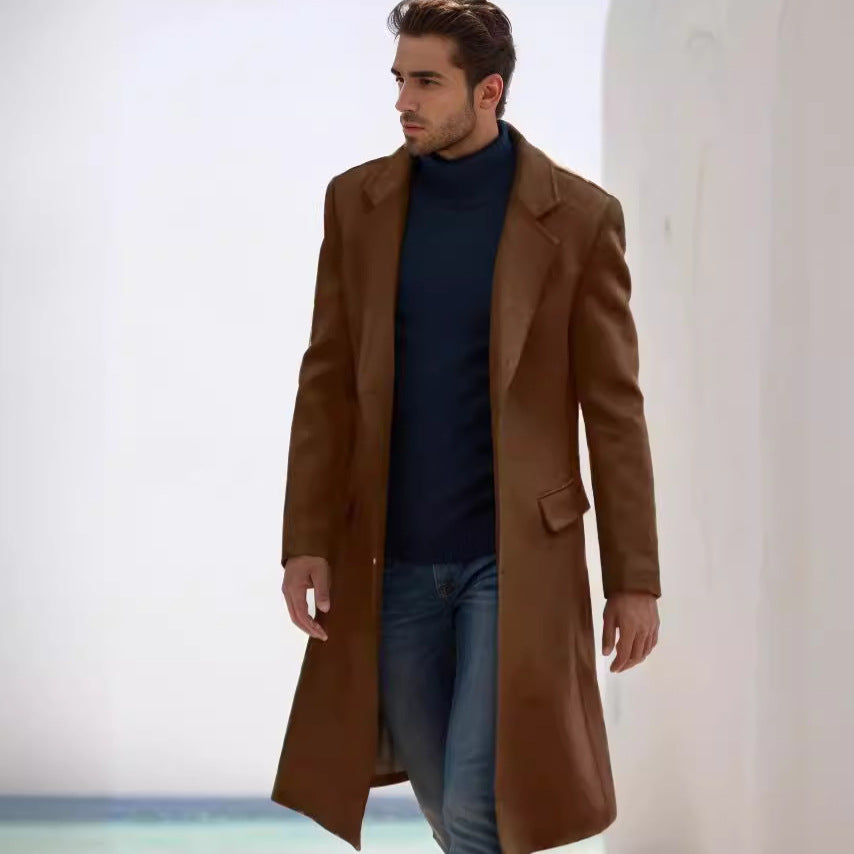 Men's Elegant Long Wool Blend Coat with Slim Silhouette and Classic Lapel Mune Fashion
