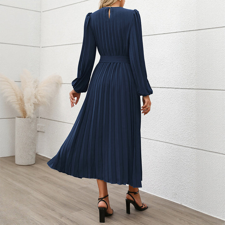 Women Elegant Pleated Maxi Dress with Waist Belt Mune Fashion