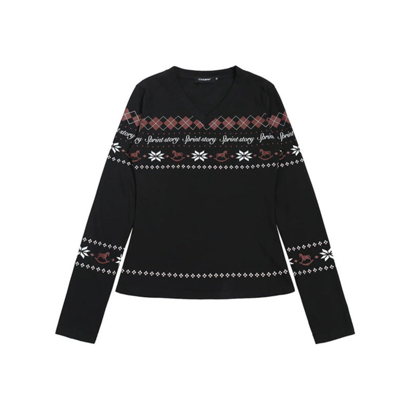 Women's Long Sleeve Shirt with V-Neck and Scandinavian Norwegian Print made of Cotton Blend Mune Fashion