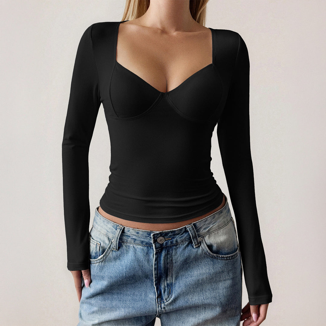 Women's form-fitting long sleeve top with integrated underwire cups, square neckline, and sculpting effect Mune Fashion