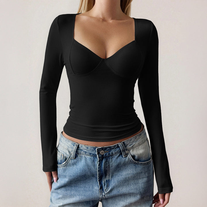 Women's form-fitting long sleeve top with integrated underwire cups, square neckline, and sculpting effect Mune Fashion
