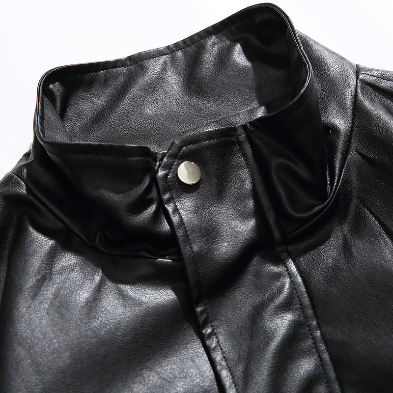 Men's Boxy Faux Leather Blouson Jacket with Stand Collar Snap Placket and Elastic Hem Mune Fashion