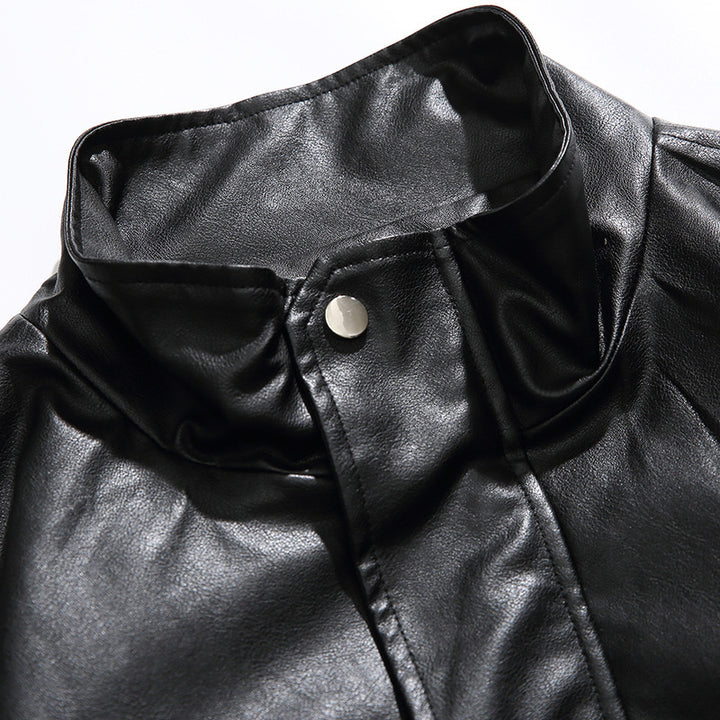 Men's Boxy Faux Leather Blouson Jacket with Stand Collar Snap Placket and Elastic Hem Mune Fashion