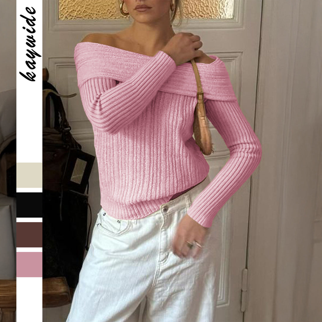 Ladies off-shoulder ribbed sweater with narrow silhouette and rolled neckline Mune Fashion