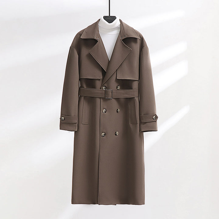 Men's Long Double-Breasted Trench Coat with Waist Belt and Oversized Shawl Collar Mune Fashion