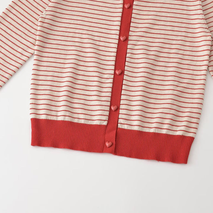 Women Striped Cropped Fine Knit Cardigan with Heart Buttons and Rib Trimmings Mune Fashion