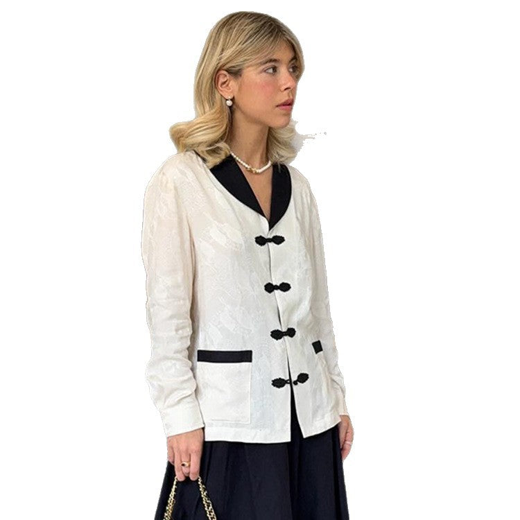 Women's Tailored Jacquard Jacket with Contrast Collar and Knot Closures Mune Fashion