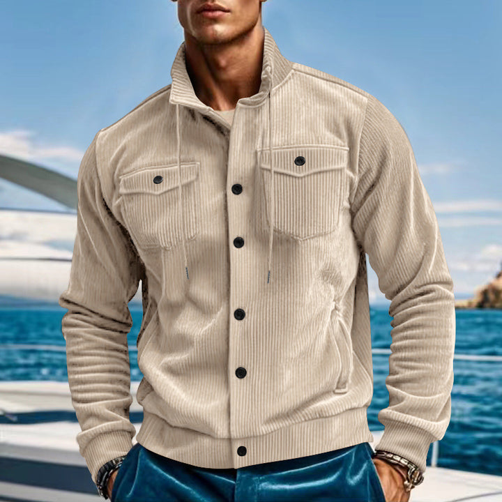 Men's casual fine ribbed cord jacket with stand-up collar, chest pockets and elastic hem Mune Fashion