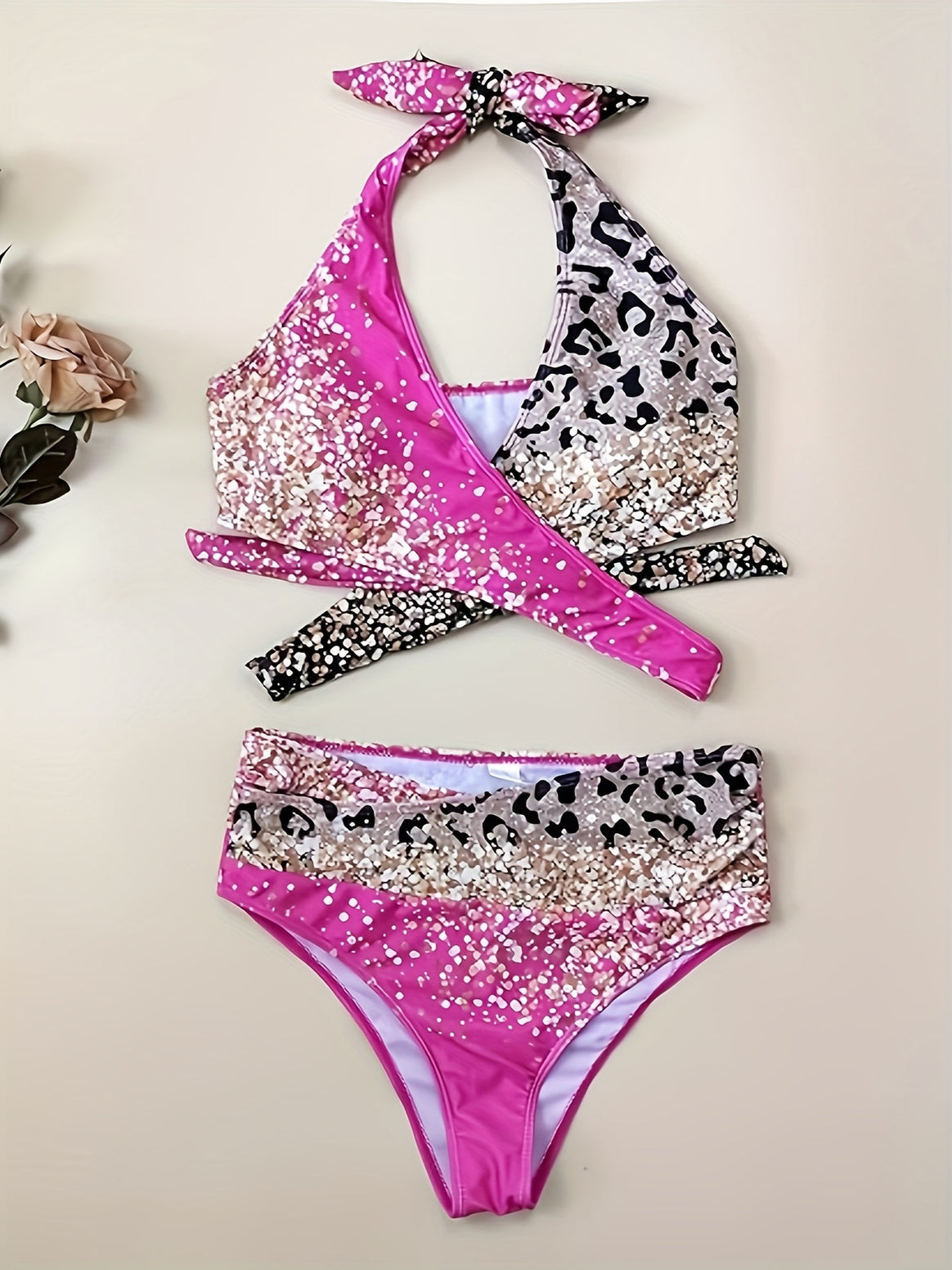 Women's High-Waisted Bikini Set with Playful Knot and Shimmering Accents Mune Fashion