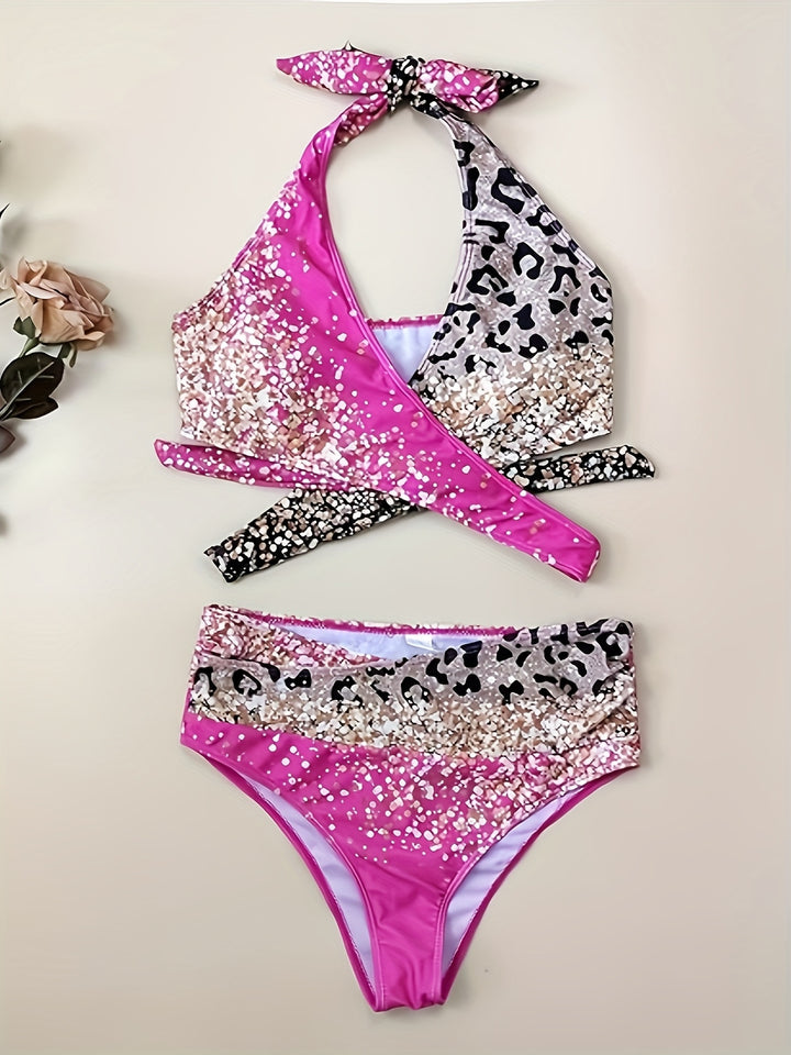 Women's High-Waisted Bikini Set with Playful Knot and Shimmering Accents Mune Fashion