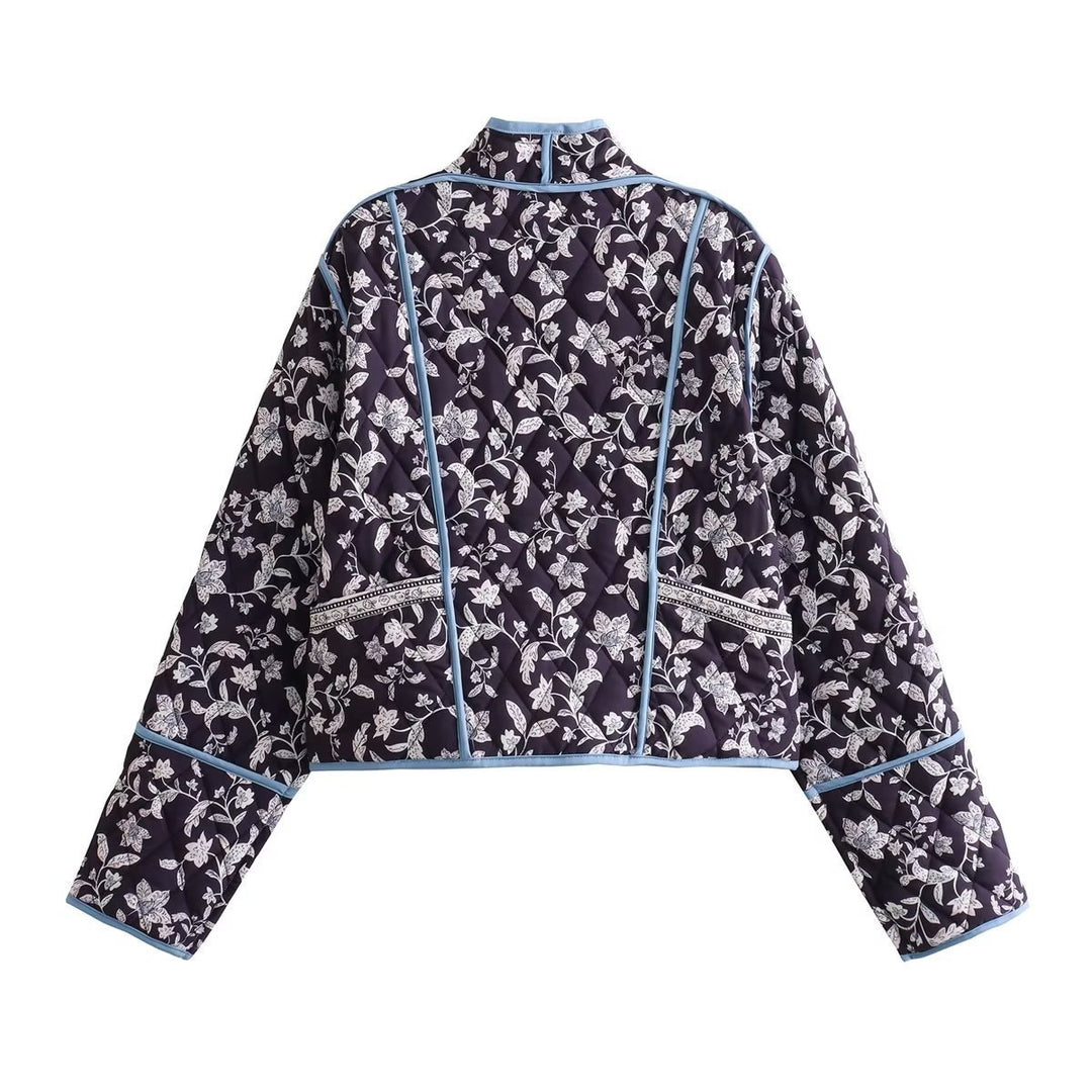 Women Quilted Cropped Puffer Jacket with Floral All-Over Pattern and Contrasting Piping Mune Fashion