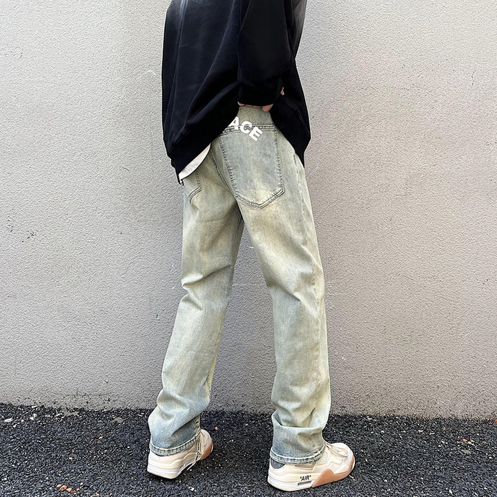 Men's Loose Straight Denim Jeans with Light Stonewash Look and Low Crotch Mune Fashion