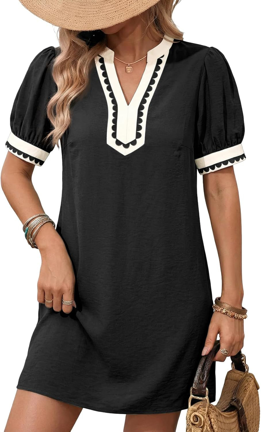 Women Loose A-Line Minidress with Puff Sleeves, V-Notch and Contrasting Trim Mune Fashion