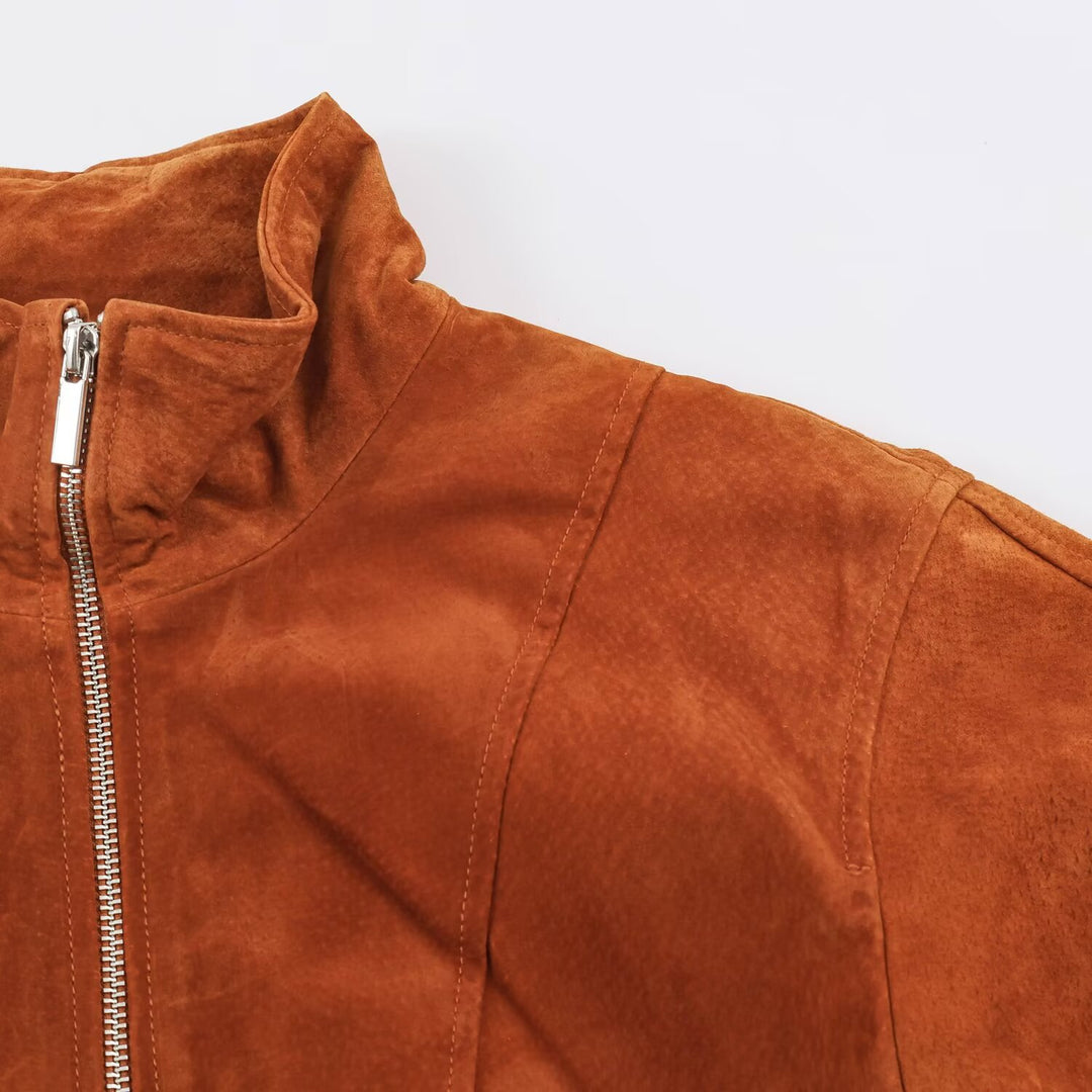 Women's short-cut suede jacket in blouson style with tailored darts and metal zippers Drune
