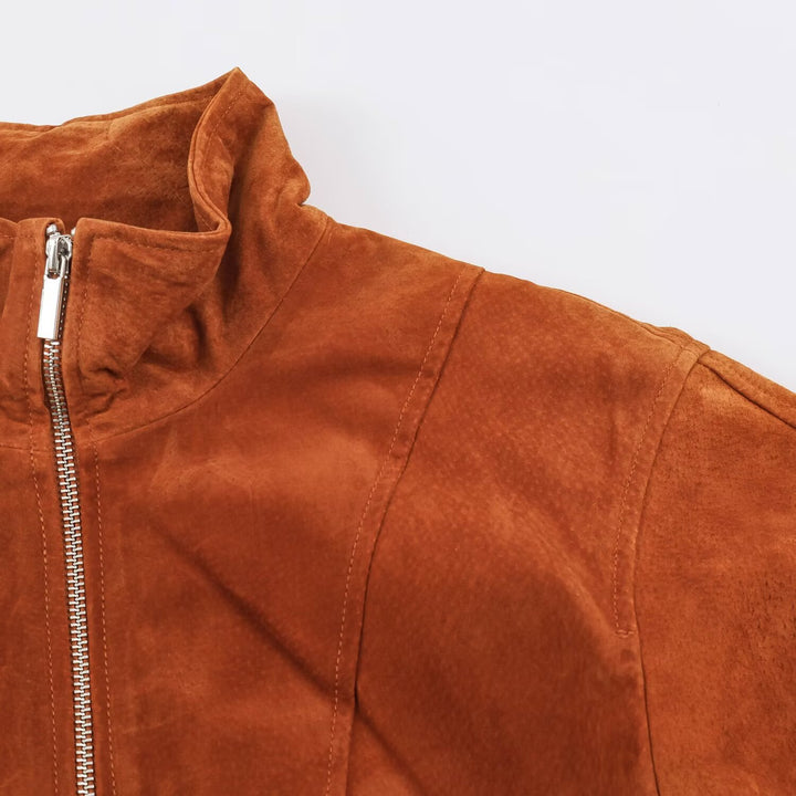 Women's short-cut suede jacket in blouson style with tailored darts and metal zippers Drune