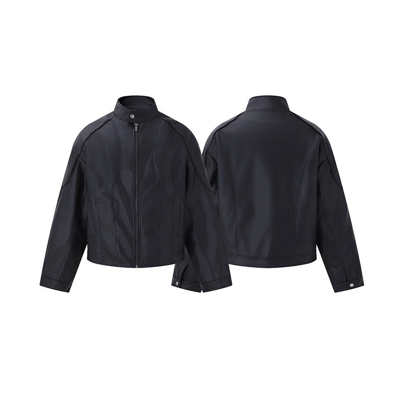 Men's Short Boxy Mock-Leather Jacket with Geometric Seam Design Mune Fashion