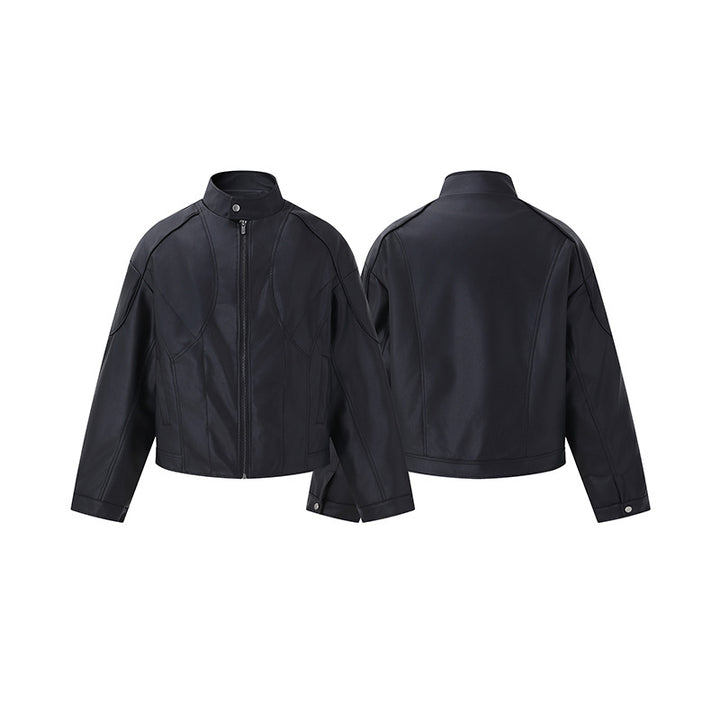 Men's Short Boxy Mock-Leather Jacket with Geometric Seam Design Mune Fashion